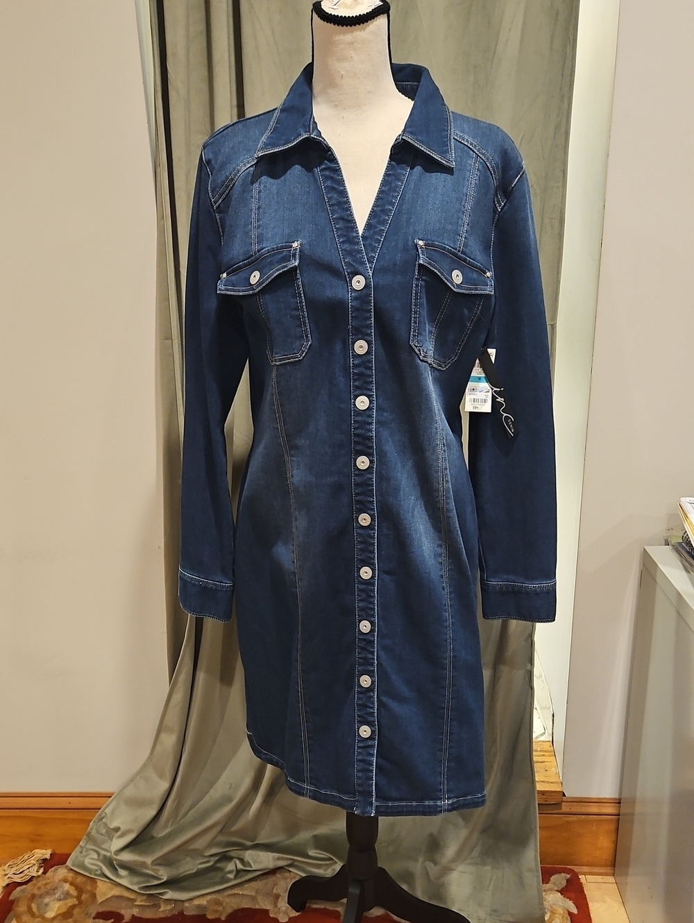 INC Dark Blue Denim Snap-Front Women's Dress